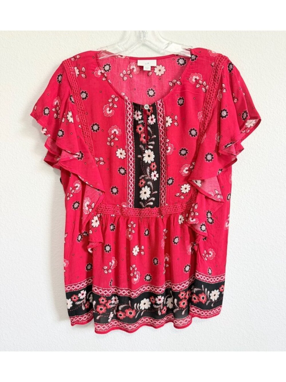 J. Jill Short Flutter Sleeve Keyhole Round Neck Floral Boho Blouse Size XS